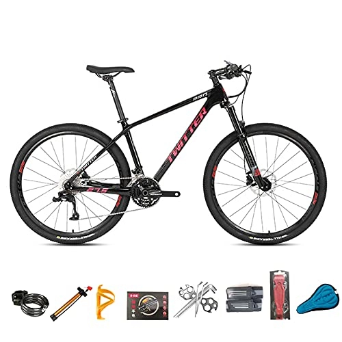 Mountain Bike : EWYI Carbon Fiber Mountain Bike, 27.5 / 29'' MTB 30 / 36 Variable Speed Shock Absorption Outdoor Riding Bicycle, Magnesium-aluminum Alloy Wire-controlled Air Fork Black Red-30sp 27.5