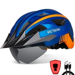 VICTGOAL Mountain Bike Helmet Victgoal Bike Helmet with USB Rechargeable LED Light Removable Magnetic Goggles Visor Breathable MTB Mountain Bicycle Helmet for Unisex Men Women Adjustable Cycle Helmets (L: 57-61 cm, Blue)
