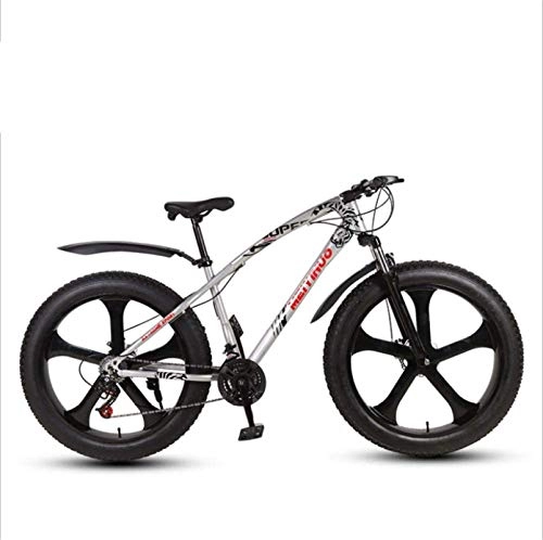 Fat Tyre Mountain Bike : HCMNME Mountain Bikes, 26 Pollici Beach Beach Snowmobile Super Wide 4.0 Big Tire Mountain Bike Five-Mindle Ruota Telaio in Lega con Freni a Disco (Color : Silver, Size : 27 Speed)