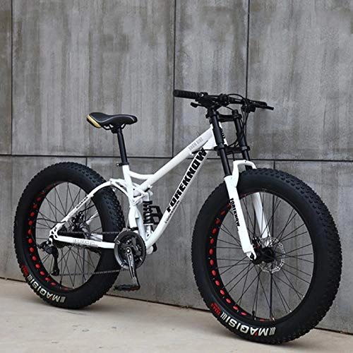 Fat Tyre Mountain Bike : Mountain Bike Freno A Doppio Disco A 21 velocità da 26 Pollici Mountain Bike Professionale A Sospensione Completa in Acciaio al Carbonio Adatto per Adulti O Adolescenti, Bianca