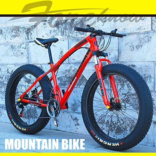 Fat Tyre Mountain Bike : Qj Mountain Bike Mens', 26 Pollici Fat Tire Bicicletta della Strada Neve Bici Beach Bike-Alto tenore di Carbonio Telaio in Acciaio, 24 velocità con Freni a Disco e Forcella Ammortizzata, Rosso