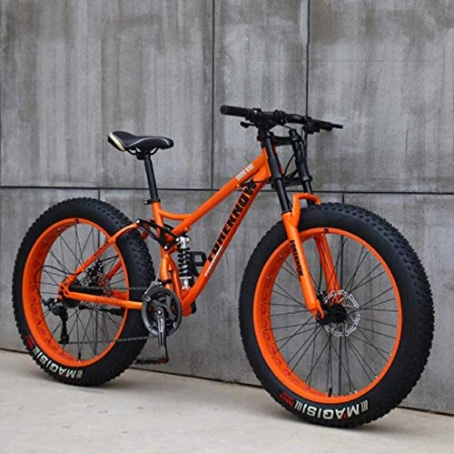 Fat Tyre Mountain Bike : Wangwang454 26-inch Mountain Bike 24-Speed Gearshift Adult Fat Tires Bicycle Frame Made of Carbon Steel Full Suspension Disc Brakes Hardtail Bike-Orange