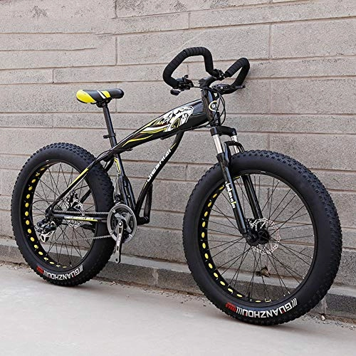 Fat Tyre Mountain Bike : WJH Fat Tire Adulti Mountain Bike, Doppio Freno a Disco in Acciaio / High-Carbonio Telaio Cruiser Bikes, Giallo, 24speed 24 Inches