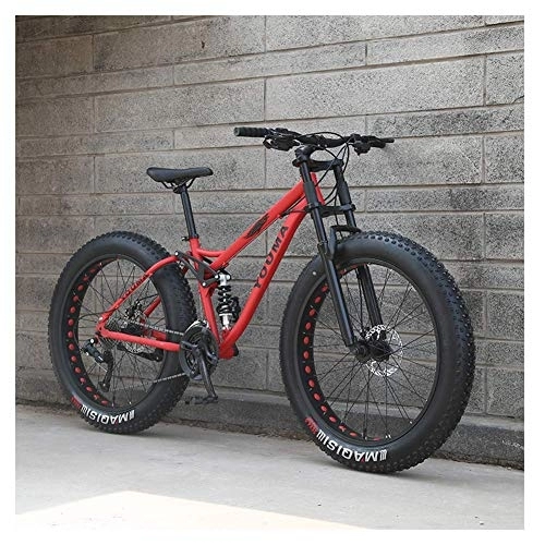 Fat Tyre Mountain Bike : WJSW Mountabike 26 Pollici, Mountabike Pneumatici Ragazzi Adulti, Fat Bike, Bici con Doppio Freno Disco, Telaio Acciaio al Carbonio, Bici Antiscivolo, Rosso, 24 velocità