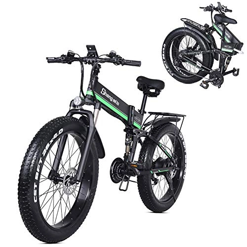 Mountain bike elettrica pieghevoles : HAOYF E-Bike con Pneumatici Grassi 26 * 4.0 E Batteria agli Ioni di Litio da 12, 8 Ah Bici Elettrica da 1000W per Adulti, Sospensione Completa Premium E Cambio A 21 velocità, Verde