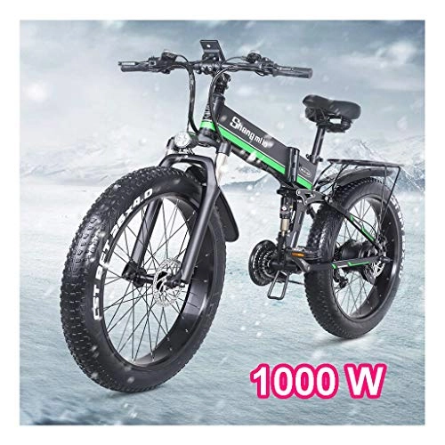 Mountain bike elettrica pieghevoles : HOME-MJJ 48V 1000W Bici elettrica 12.8AH 26x4.0 Pollici Fat Tire 21speed Bici elettriche Pieghevole for Adulti Femmina / Maschio for Outdoor Ciclismo Work out (Color : Green, Size : 48V-12.8Ah)