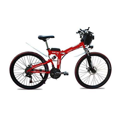 Mountain bike elettrica pieghevoles : MDZZ Bicicletta Pieghevole, Mountain Bike Elettrico con 21 Speed ​​Gear e modalità di Lavoro a Tre, Lega di Alluminio Biciclette Pedali per Adulti Teens 24 '', Rosso, 36V10AH