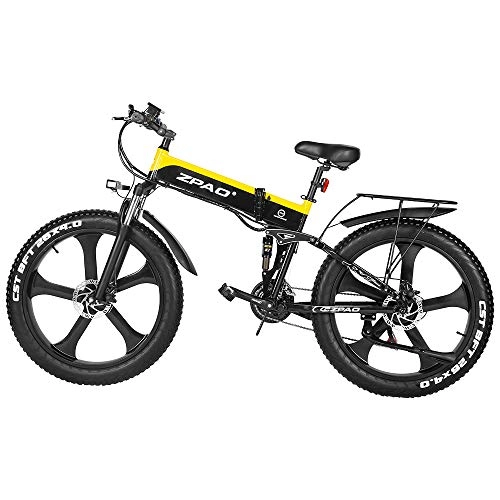 Mountain bike elettrica pieghevoles : ZPAO 26 pollici Fat Bike 1000W Bicicletta elettrica pieghevole 21 Velocità Mountain Bike Display LCD batteria di marca superiore con USB (Black Yellow, 48V 12.8Ah)
