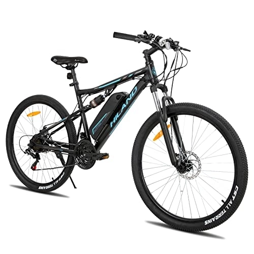 Mountain bike elettriches : HILAND Bicicletta Elettrica da 27, 5 Pollici a 21 velocità per Uomo e Donna Mountain Bike Elettrica con Sospensione Completa E-TMB grigio…