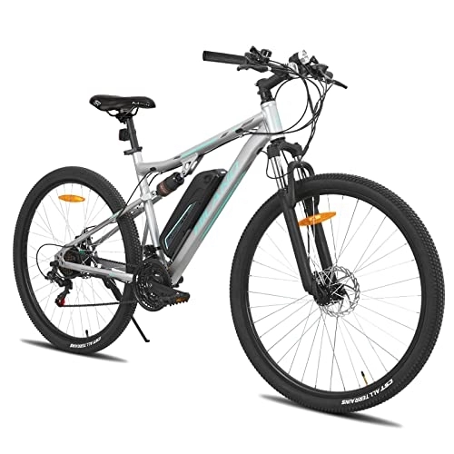 Mountain bike elettriches : HILAND Bicicletta Elettrica da 29 Pollici a 21 velocità per Uomo e Donna Mountain Bike Elettrica con Sospensione Completa E-TMB grigio…