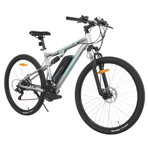 Mountain bike elettriches : Hiland Bicicletta Elettrica da 29 Pollici per Uomo e Donna Ciclomotore con Sospensione Completa e Motore da 250 W, 36 V, 10, 4 Ah, Batteria al litio, E-Mountain Bike 21 Velocità E-MTB Grigio…