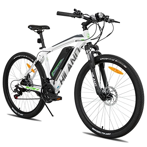 Mountain bike elettriches : Hiland Mountain Bike Elettrica da 29 Pollici con Shimano a 21 velocità Ciclomotore 250W con Freno a Disco E-MTB per Uomo e Donna con Forcella Ammortizzata Batteria al Litio da 36 V 10, 4 Ah Bianco