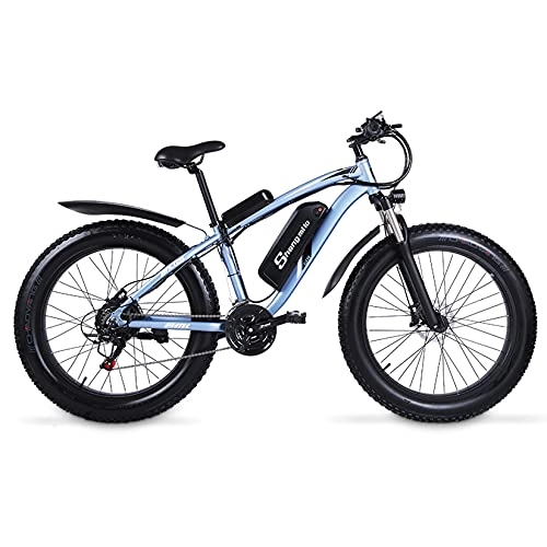 Mountain bike elettriches : SHENGMILO MX02S Bicicletta Elettrica Pieghevole per Adulti, Bicicletta Elettrica Fat Tire 26 * 4.0 con Motore 1000W Batteria 48V 17AH, Leve Cambio 7 / 21 (Blu, Nessuna batteria di riserva)