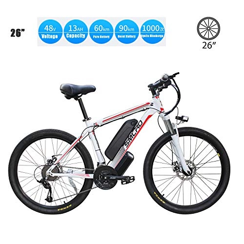 Mountain bike elettriches : YMhome Bici elettrica, Electric City Ebike Bicicletta con 350W Brushless Motore Posteriore 26" per Gli Adulti, 36V / 13Ah Batteria al Litio Rimovibile, White Red