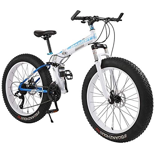 Mountain Bike pieghevoles : CHHD Mountain Bike a 21 velocità 26 * 4.0 Fat Tire Bike Ammortizzatori Bicicletta Snow Bike, Pieghevole off-Road Beach Motoslitta 4.0 Pneumatici Super Larghi, Bianco, 26"