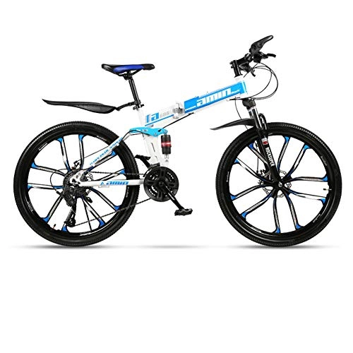 Mountain Bike pieghevoles : DSAQAO 24 Pollici Folding Mountain Bike, Sospensioni Complete MTB Bikes 21 24 27 30 Speed Disc Bicycle per Adulti Adolescenti Studente Bianco-Blu 24 velocità
