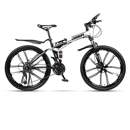 Mountain Bike pieghevoles : DSAQAO 24 Pollici Folding Mountain Bike, Sospensioni Complete MTB Bikes 21 24 27 30 Speed Disc Bicycle per Adulti Adolescenti Studente Nero-Bianco 30 velocità