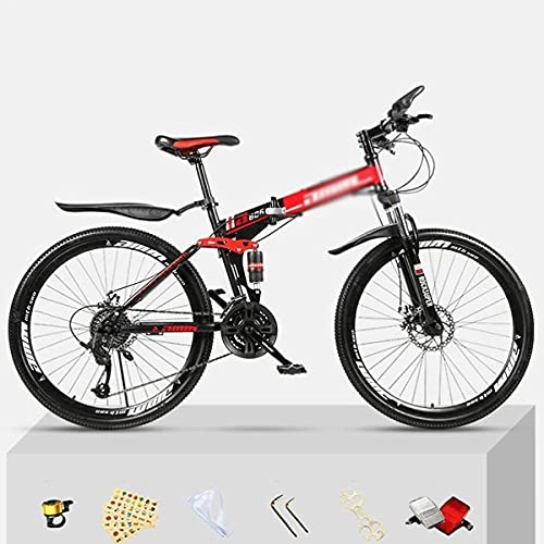 Mountain Bike pieghevoles : FBDGNG - Bicicletta pieghevole da 26", telaio in acciaio al carbonio, 21 / 24 / 27 velocità, con freno a disco, forcella anteriore (dimensioni: 21 velocità, colore: rosso)