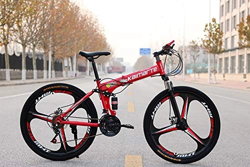 Mountain Bike pieghevoles : JINGQI Diametro Ruota (61 / 66 cm) Folding Mountain Bike 21 del Cambio Dual Shock Absorber Freno a Disco Integrato Ruota di Bicicletta, Rosso, 61cm