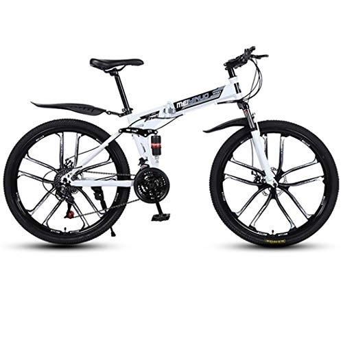 Mountain Bike pieghevoles : JLZXC Mountain Bike Mountain Bike, Biciclette di Montagna Pieghevole, Leggero MTB Bike, con Sospensione Doppia E Doppio Freno A Disco (Color : White, Size : 21-Speed)