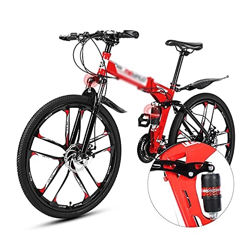 Mountain Bike pieghevoles : MENG Pieghevole Mountain Bike 26 Pollici 21 / 24 / 27-Velocità Gears Full-Sospensione Adulti Bicicletta per Ragazzi e Ragazze / Rosso / 24 Velocità