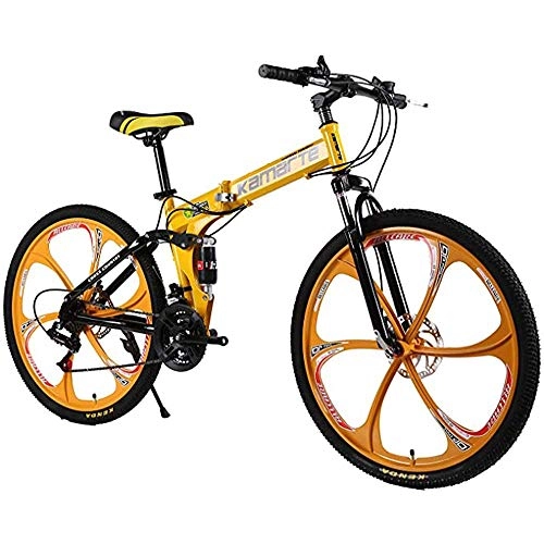 Mountain Bike pieghevoles : Mountain Bikes Folding Bike Mountain Bici Adulta 26 Pollici 21 / 24 / 27 velocit Shock Freni a Disco Doppio Student Biciclette Assault Bici Pieghevole Auto, Giallo, 24speed