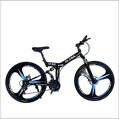 Mountain Bike pieghevoles : XER Mountain Bike 21 / 24 / 27 / 30 velocità Steel Frame 26 Pollici a 3 Razze Ruote Doppia della Sospensione Folding Bike, Nero, 27 Speed