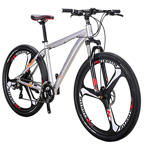 Mountain Bike : Eurobike uomo mountain bike x9 bici 73, 7 cm 21SPEED Dual disco freno ruote a raggi bici, Silvery