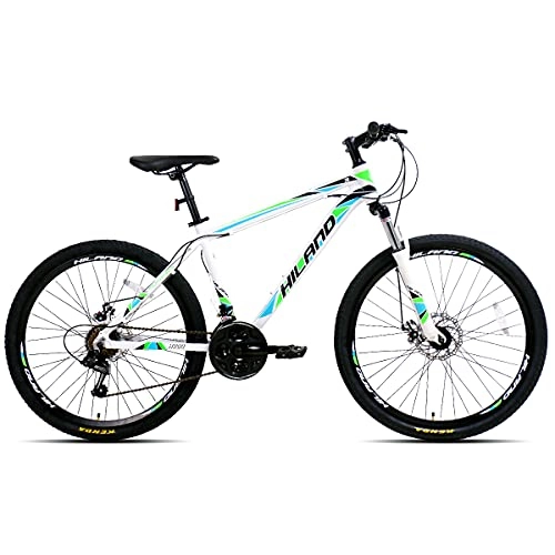 Mountain Bike : Hiland 26 pollici mountain bike MTB in alluminio con 17 pollici, telaio in alluminio, freno a disco ruote a raggi Shimano 21 cambio forcella sospensione, colore bianco…