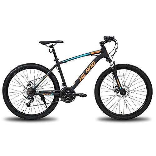 Mountain Bike : Hiland - Mountain bike da 26 / 27, 5 pollici, con telaio in acciaio, forcella ammortizzata per bicicletta, “Urban Commuter City”, colore nero e arancione