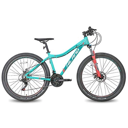 Mountain Bike : Hiland Mountain bike da 26 27, 5 pollici, telaio in alluminio, 24 velocità, Duale Disco con forcella ammortizzata Lock-Out per donne, verde menta…