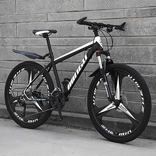 Mountain Bike : Uomo Mountain Bike, 24 Pollici Hardtail Bici MTB, Freno A Doppio Disco Telaio in Alluminio, Bicicletta da Montagna con Sospensione Anteriore E Sedile Regolabile Nero / Bianco- 3 Spoke 21 velocità