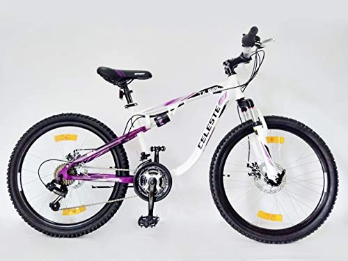 Mountain Bike : VTT Mountain Bike 24" Ammortizzata Celeste con Doppio Freno a Disco – 18 velocità con Maniglia Revoshift, Ruota Libera e deragliatore Shimano