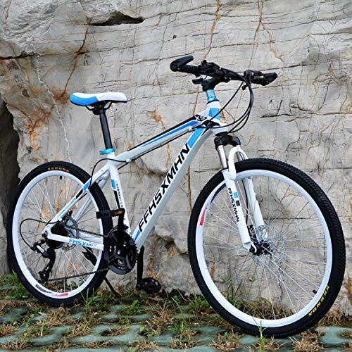 Mountain Bike : YKMY Biciclette da Mountain Bike da 24 Pollici / 26 Pollici per Uomo e Donna per Adulti, Doppia Sospensione per Uomo e Donna-Blu Tondo Bianco_21 velocità-24 Pollici