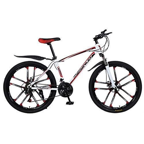 Mountain Bike : ZKHD 26 Pollici ad Alta Acciaio al Carbonio 10 Raggi Una Ruota Mountain Doppio Freno a Disco di Assorbimento di Scossa a velocità variabile Cross Country Bike, White Red, 26 Inches