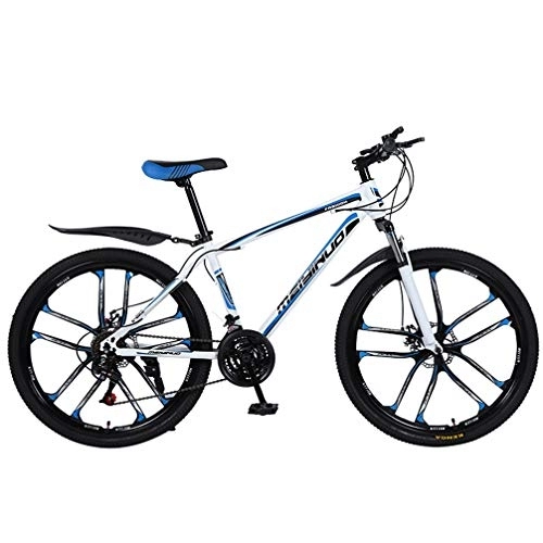 Mountain Bike : ZKHD Acciaio al Carbonio 26 Pollici 10 Razze velocità variabile Assorbimento degli Urti Freno di Una Ruota Montagna Doppio Disco Trasversale Moto Paese, White Blue, 26 Inches