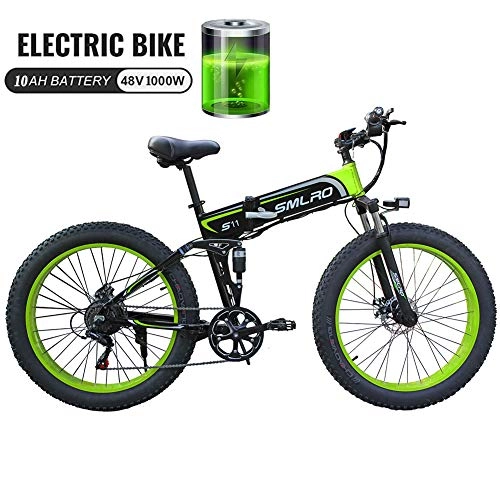 Bicicleta de montaña eléctrica plegables : 1000W 48V Bicicleta elctrica de la Bici de montaña elctrica con 26inch Fat Tire MTB 7 Velocidad E-Bici del Pedal del Freno de Disco hidrulico de Asistencia, Black Green 1000w