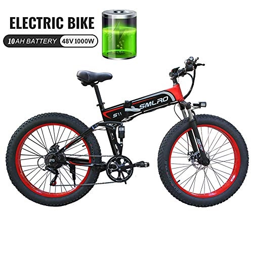 Bicicleta de montaña eléctrica plegables : 1000W 48V Bicicleta elctrica de la Bici de montaña elctrica con 26inch Fat Tire MTB 7 Velocidad E-Bici del Pedal del Freno de Disco hidrulico de Asistencia, Black Red 350w