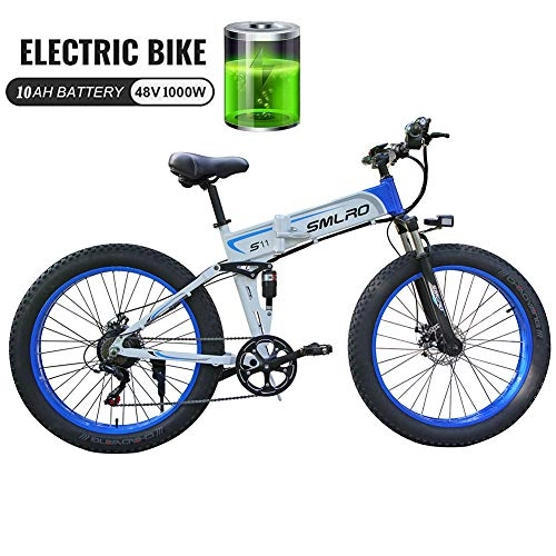 Bicicleta de montaña eléctrica plegables : 1000W 48V Bicicleta elctrica de la Bici de montaña elctrica con 26inch Fat Tire MTB 7 Velocidad E-Bici del Pedal del Freno de Disco hidrulico de Asistencia, White Blue 1000w