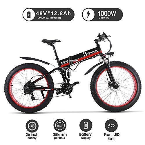 Bicicleta de montaña eléctrica plegables : 1000W ebike Fat Tire Bicicleta elctrica Bicicleta de montaña Plegable 26 'Suspensin Completa 48V12AH 21 velocidades Pedal Assist