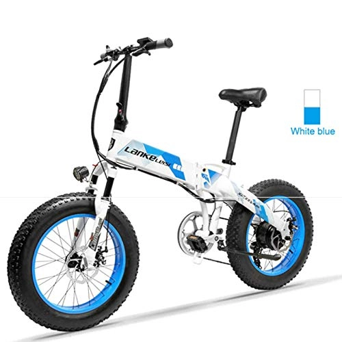Bicicleta de montaña eléctrica plegables : Bicicleta elctrica de nieve de 20 pulgadas de grasa bicicleta elctrica 48V500W plegable bicicleta de montaña elctrica rango de batera de litio oculta 50-100 km hbrido-blanco azul_48V12.8AH