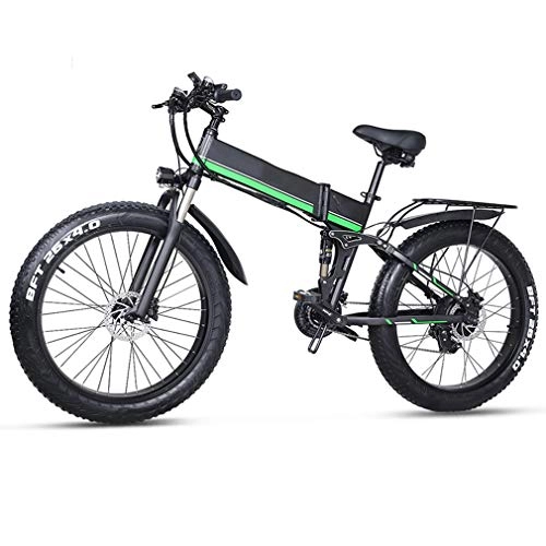 Bicicleta de montaña eléctrica plegables : Bicicleta Elctrica Plegable 26"", 48V 12.8Ah Batera de Litio Plegable Bicicleta Moto de Nieve / ATV 21 Velocidades Inteligente Motor de 1000 W Proporciona un Mximo de 40 km / h, Verde