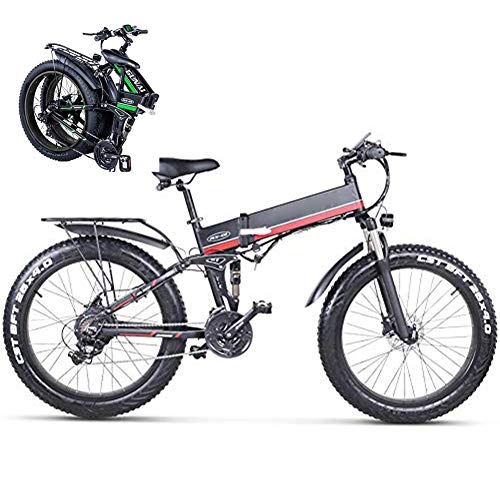 Bicicleta de montaña eléctrica plegables : Bicicleta Electrica Montaña, Fat Bike Bici Electrica Bicicletas 26 pulgadas, 48V 1000W de alta Velocidad Bicicletas Electricas Plegables 12.8AH Batería de litio Extraíble, ebike Amortiguadora, Rojo