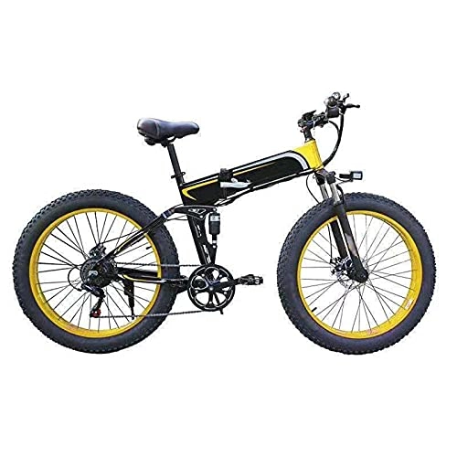 Bicicleta de montaña eléctrica plegables : Bicicleta Eléctrica, 26 " E-bike de montaña plegable para adultos, Ebike Fat Tire de 7 velocidades, Motor de 48V 10Ah 350W, Frenos de disco delanteros y traseros, 3 modos de trabajo, Black yellow