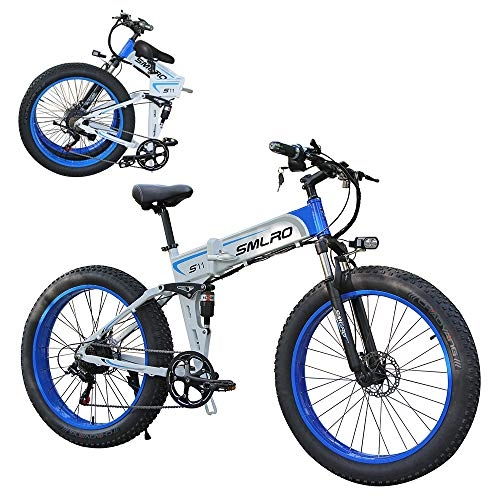Bicicleta de montaña eléctrica plegables : Bicicleta eléctrica de montaña, 500W / 1000W Bicicleta eléctrica Plegable de 26 '' con batería extraíble de Iones de Litio de 48V 8Ah / 10.4Ah para Adultos, Cambio de 21 velocidades Blue 1000W