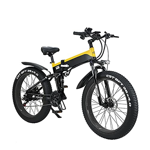 Bicicleta de montaña eléctrica plegables : Bicicleta eléctrica plegable para adultos, bicicleta eléctrica de 26 pulgadas con batería de iones de litio de 10 AH, motor de 48 V 500 W y velocidad ajustable inteligente (amarillo)