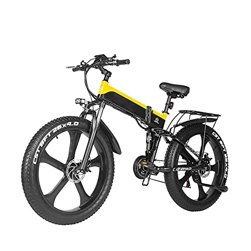 Bicicleta de montaña eléctrica plegables : Bicicleta eléctrica plegable para adultos, bicicleta eléctrica de 26 pulgadas con motor de 1000 W, batería de 48 V 12.8 Ah, engranajes de transmisión profesional de 21 velocidades (amarillo)