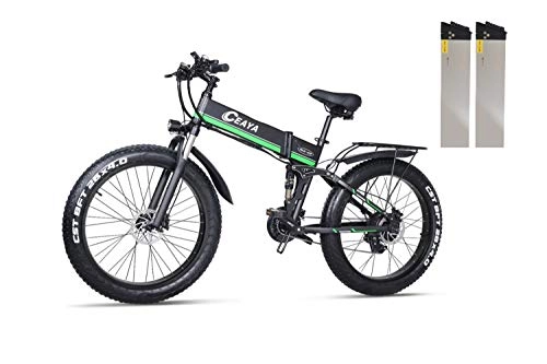 Bicicleta de montaña eléctrica plegables : Ceaya Bicicleta Eléctrica de Montaña 26 Pulgadas con Motor de 1000W Autonomía 48V E-Bike Sistema de Transmisión de 21 Velocidades [EU Stock] Verde(batería Dual)