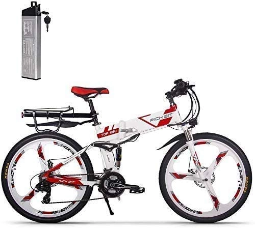 Bicicleta de montaña eléctrica plegables : ENLEE Bicicleta de montaña eléctrica RICH-860 36V 12.8AH batería de Litio con Motor de Cubo con Engranaje de 250W (White-Red)