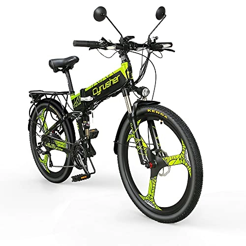 Bicicleta de montaña eléctrica plegables : Extrbici Bicicleta de montaña eléctrica Plegable MTB Doble Freno mecánico Marco de Aluminio Una Rueda XF770 500W (Verde